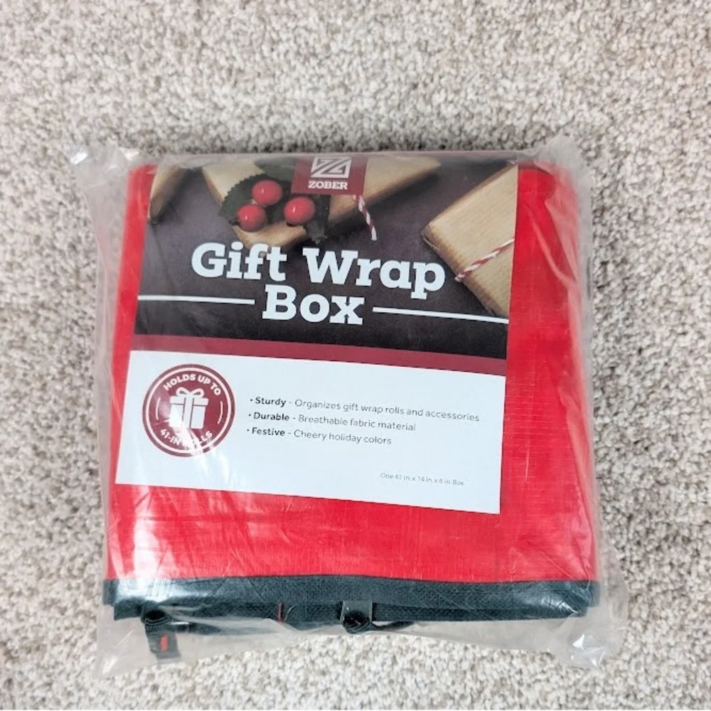 Zober Red Fabric Gift Wrap Box Organizer Holds Up to 41 Inch‎ Rolls Festive